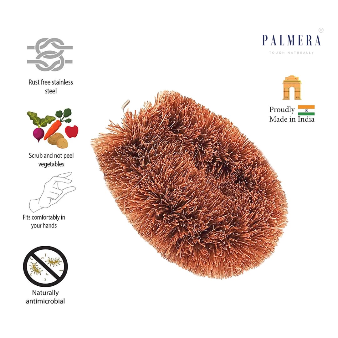 Palmera Rust-Free Stainless Steel Wire Vegetable Scrub Natural Coir Bristles Tawashi Brush (Brown, 12 x 9 cm)