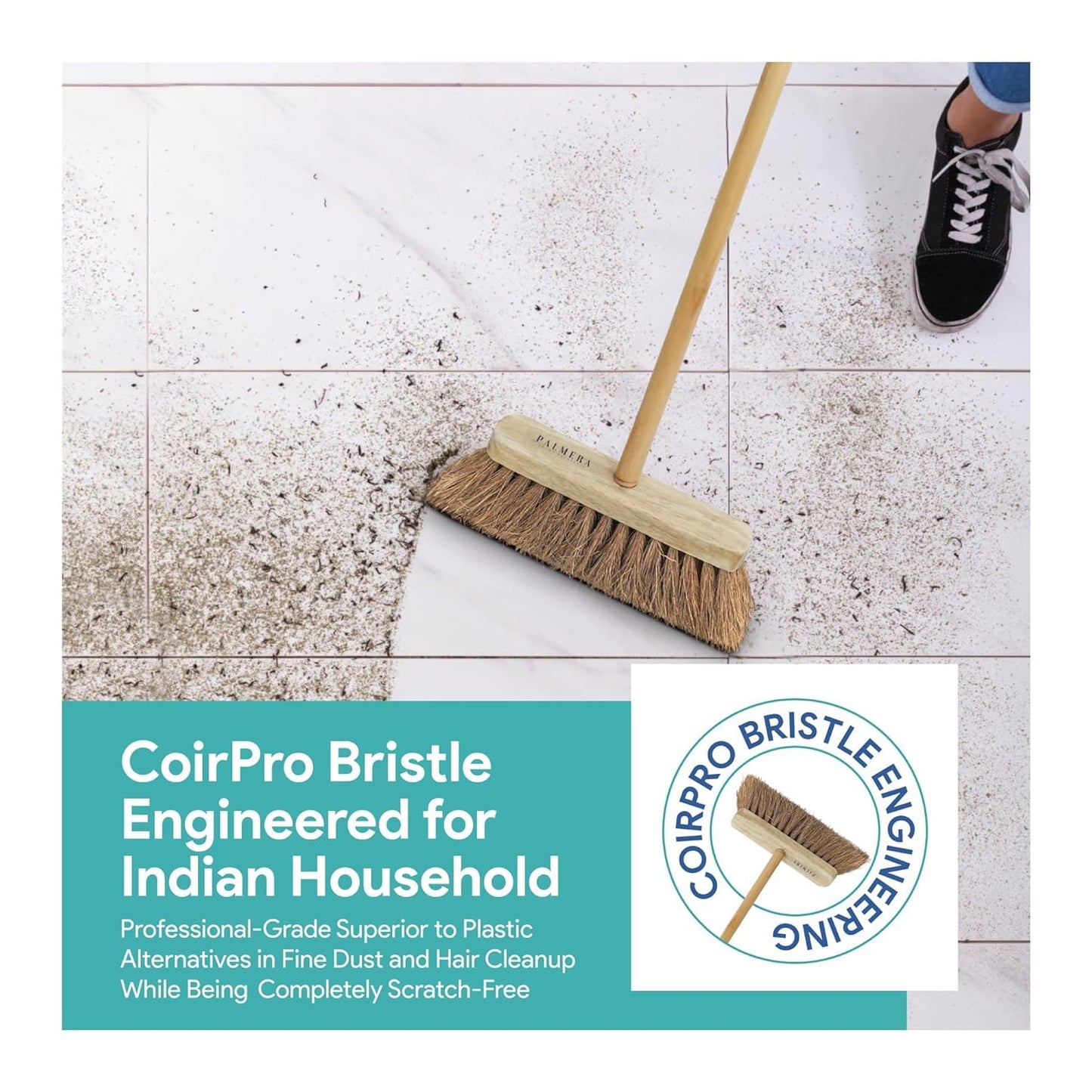 Palmera Coir Indoor Natural Lightweight Broom|1year Warranty|Upright Sweeping(4.25 ft)|Removes Cobwebs|CoirPro Bristle |Plastic Free|Wither Free Unlike Jhaadu|Brown 10 inch