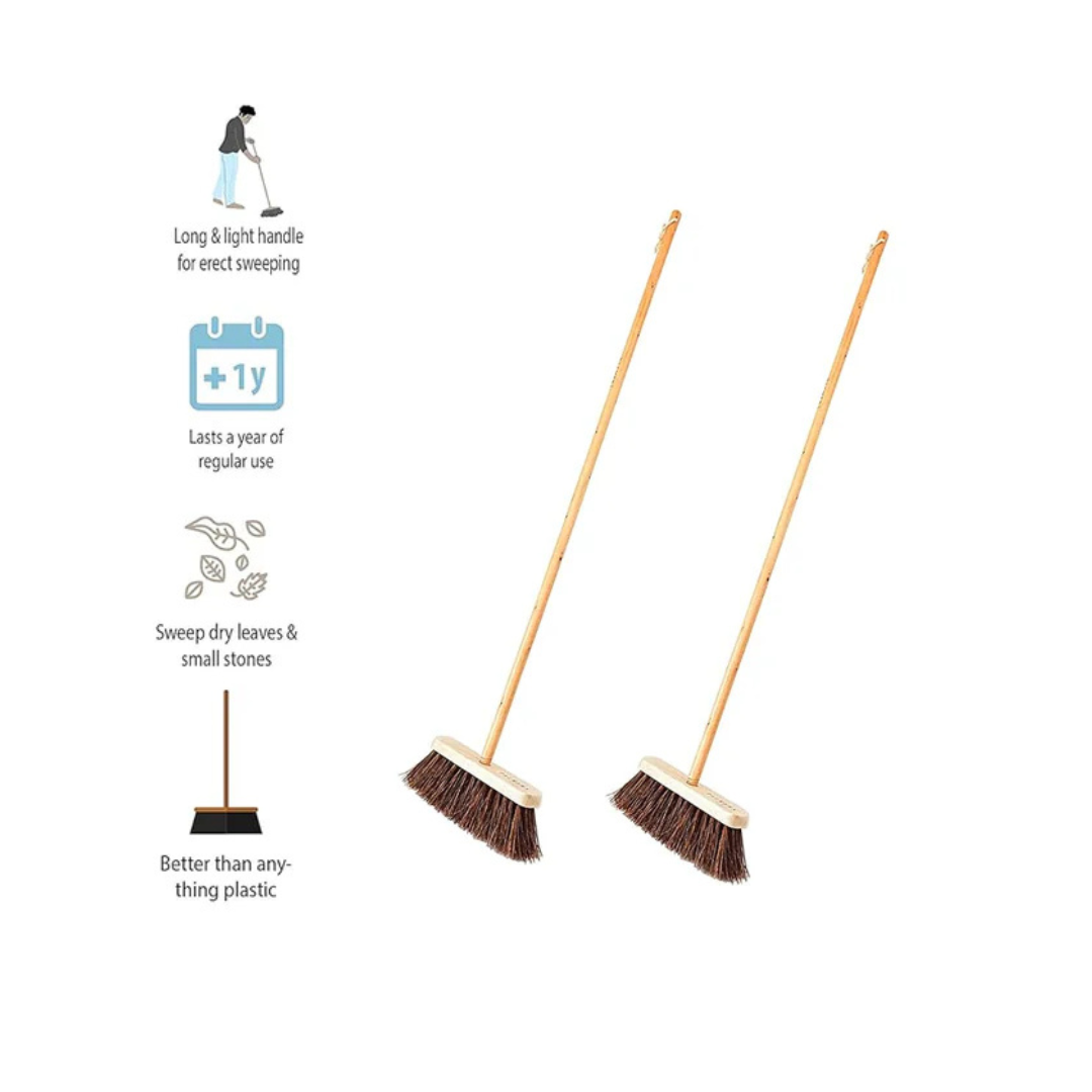 Palmera Outdoor Natural Bassine Fibre Broom for Balcony, Garden, hard_floor, Walkways and Drive Ways to Sweep Leaves, Paper and Larger Particles(Pack of 2 Pcs) (10 inch) (wood & Palmyrah fibre)